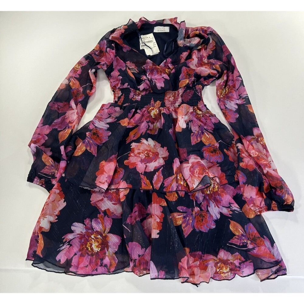 QUIZ Navy Pink Floral Chiffon Tiered Skater Mini Dress Long Sleeve NWT Size 4